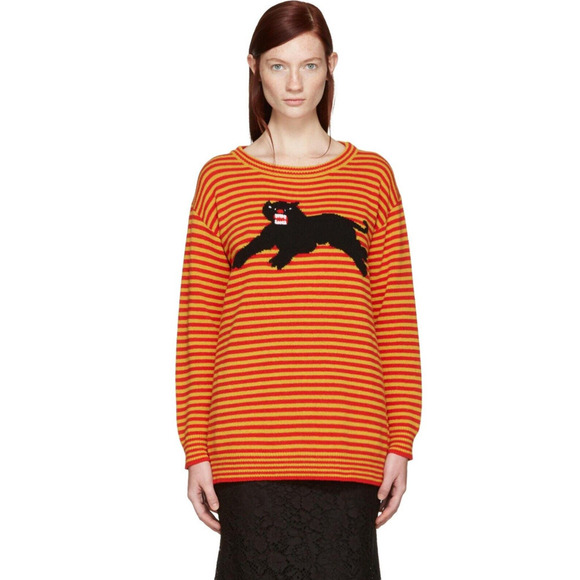 Gucci Women Sweater Tiger Black Panther Striped Red Yellow Size Small Wool $1495 - Picture 1 of 12